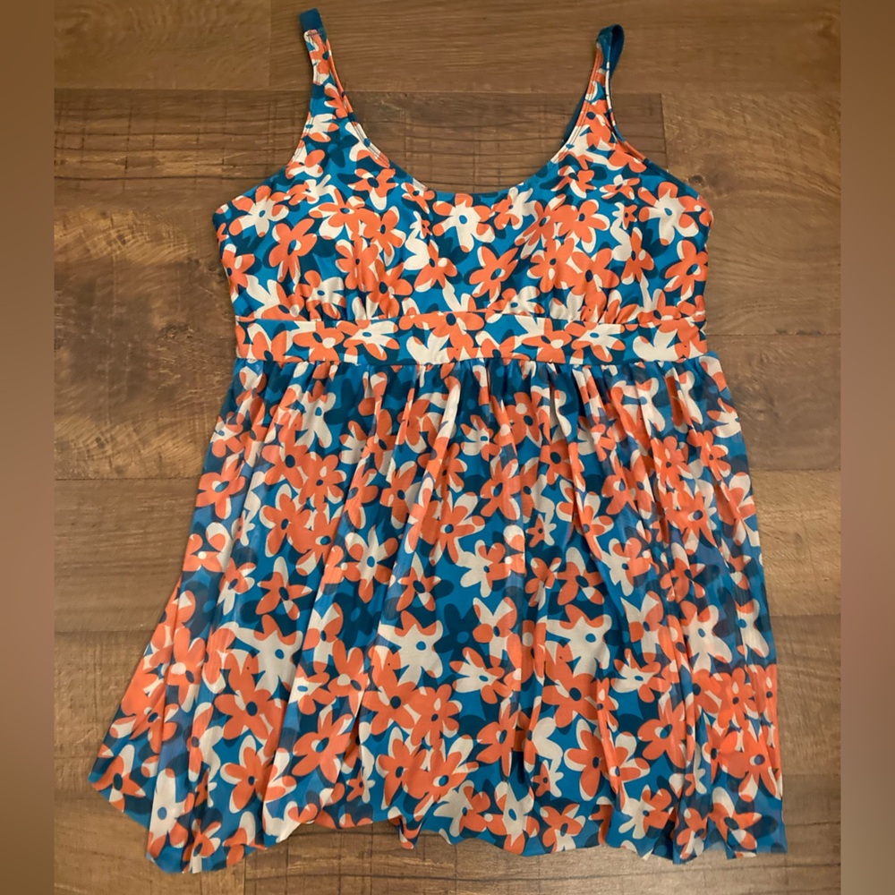 BloomChic Teal Orange White Floral One-Piece Swimdress